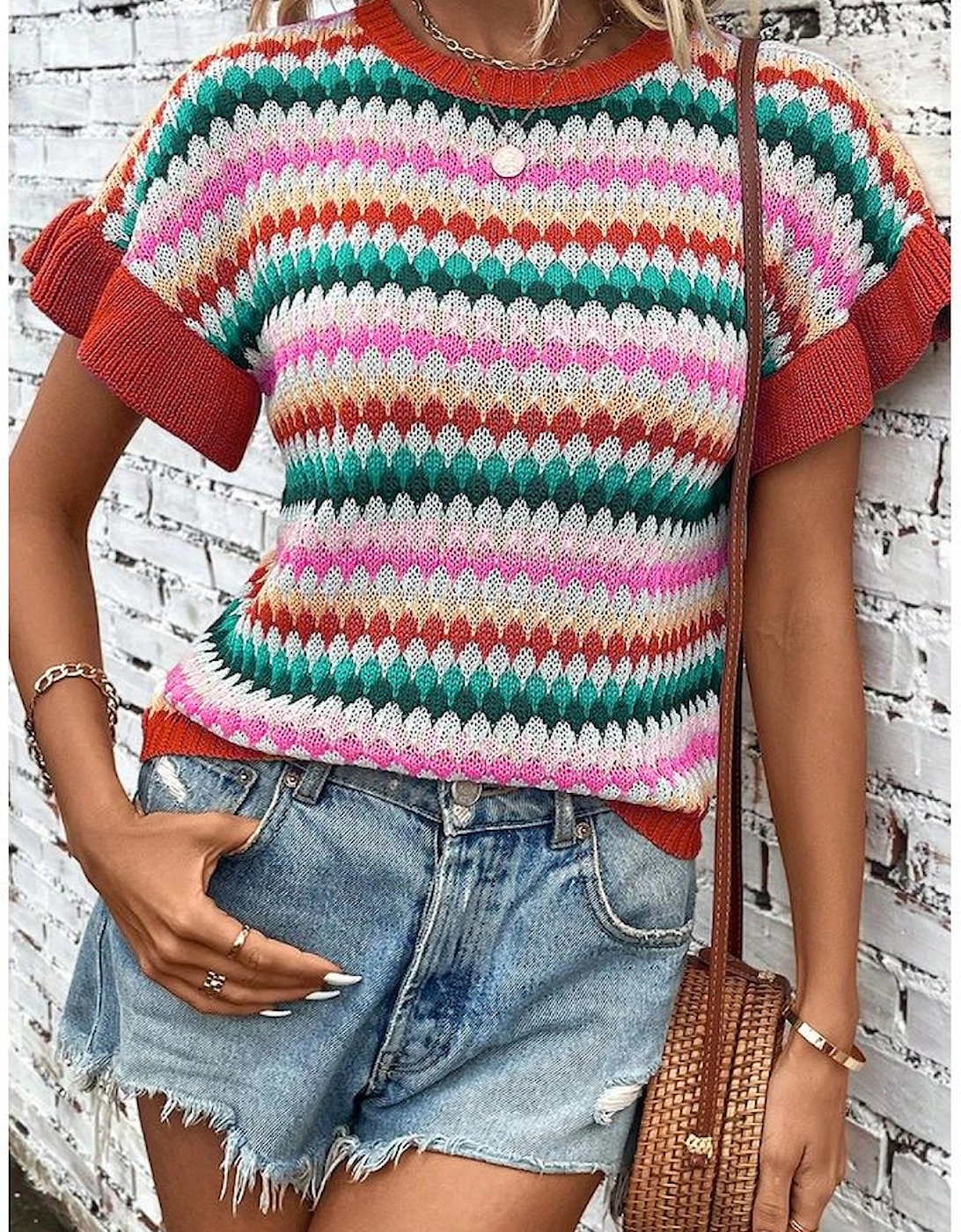 Fiery Red Trimmed Ruffle Sleeve Colorful Textured Sweater