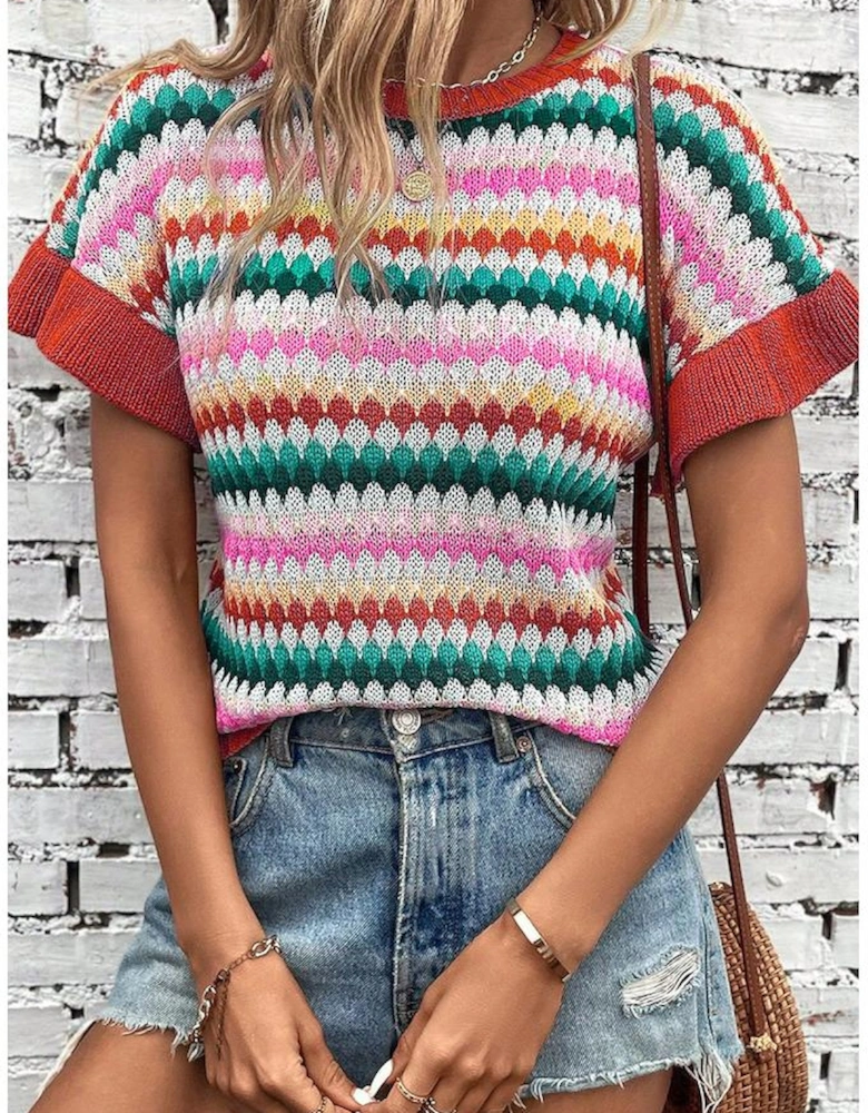 Fiery Red Trimmed Ruffle Sleeve Colorful Textured Sweater