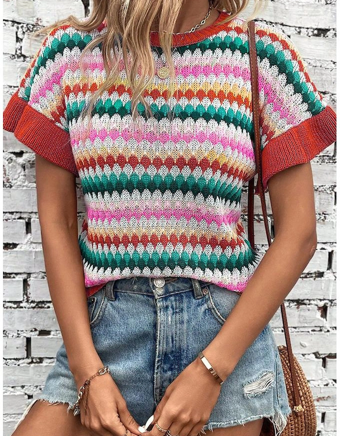 Fiery Red Trimmed Ruffle Sleeve Colorful Textured Sweater, 5 of 4