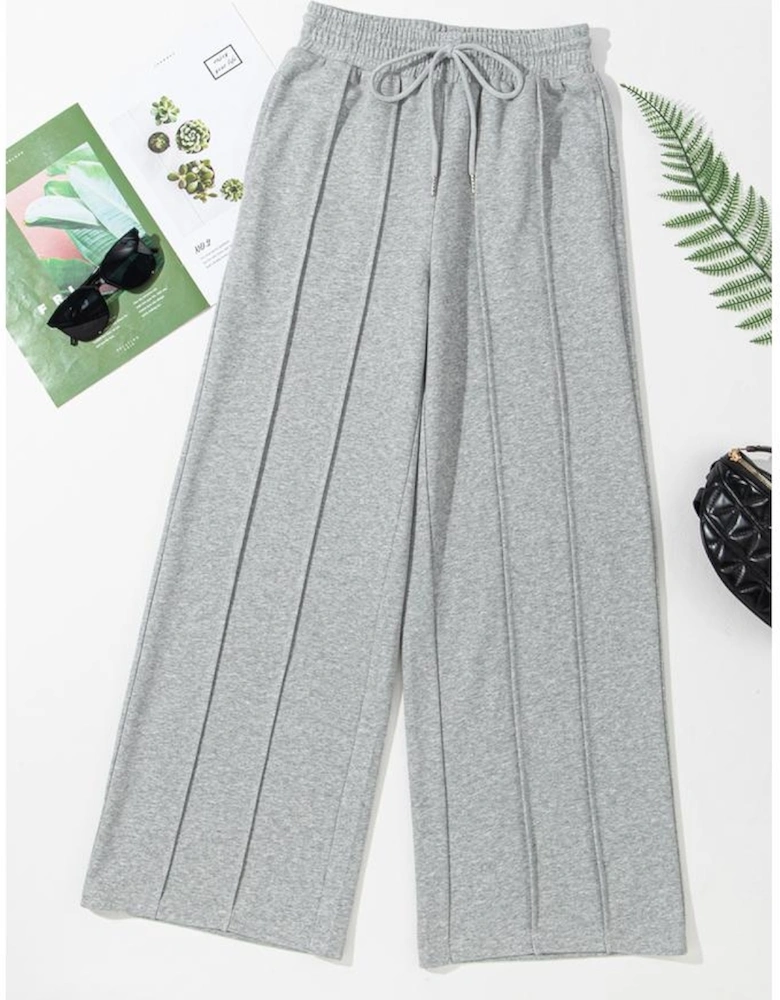 Gray Seamed Drawstring High Waist Wide Leg Sweatpants