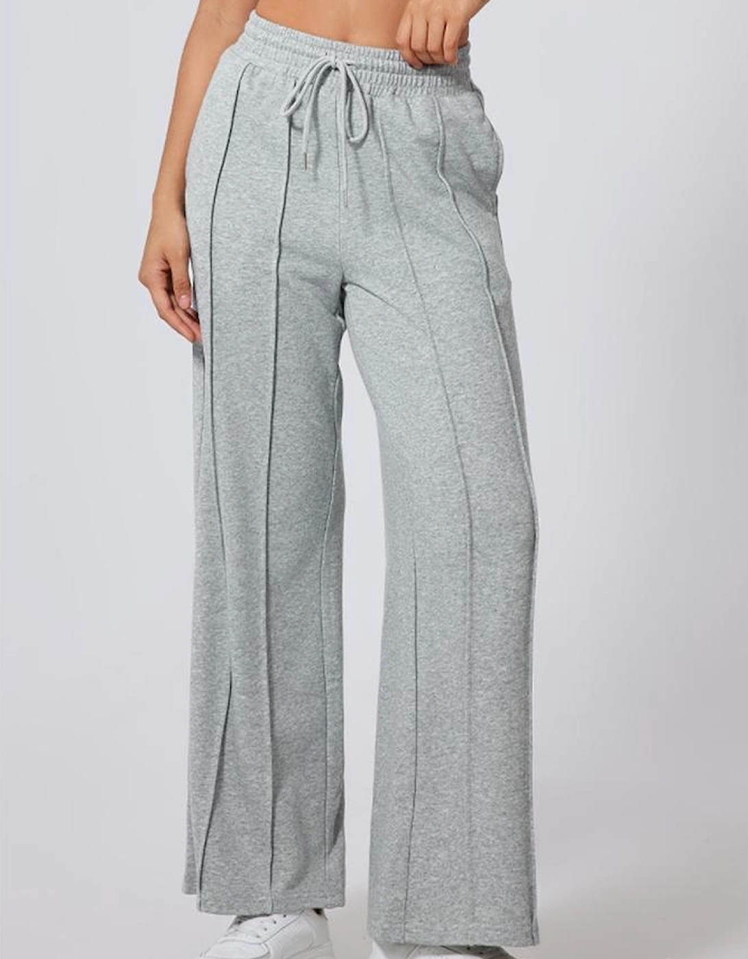 Gray Seamed Drawstring High Waist Wide Leg Sweatpants