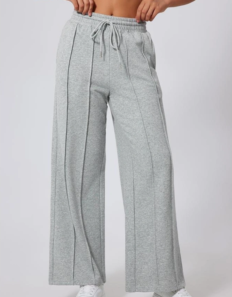 Gray Seamed Drawstring High Waist Wide Leg Sweatpants