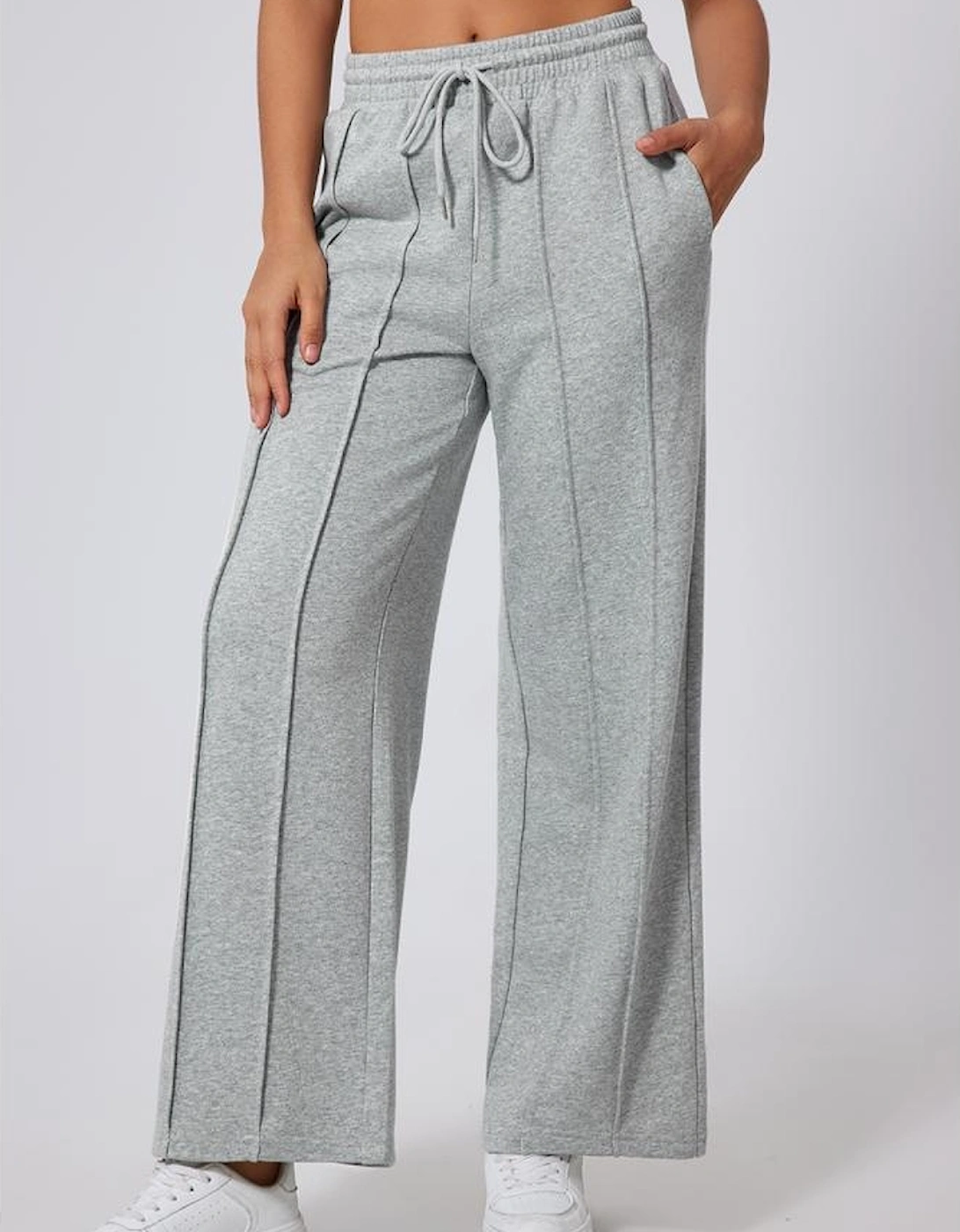 Gray Seamed Drawstring High Waist Wide Leg Sweatpants
