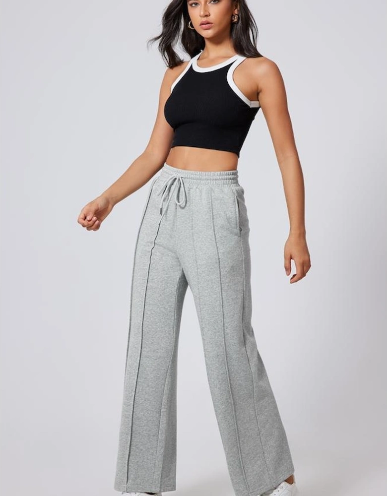 Gray Seamed Drawstring High Waist Wide Leg Sweatpants