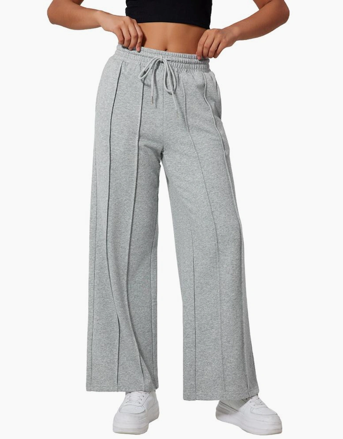 Gray Seamed Drawstring High Waist Wide Leg Sweatpants