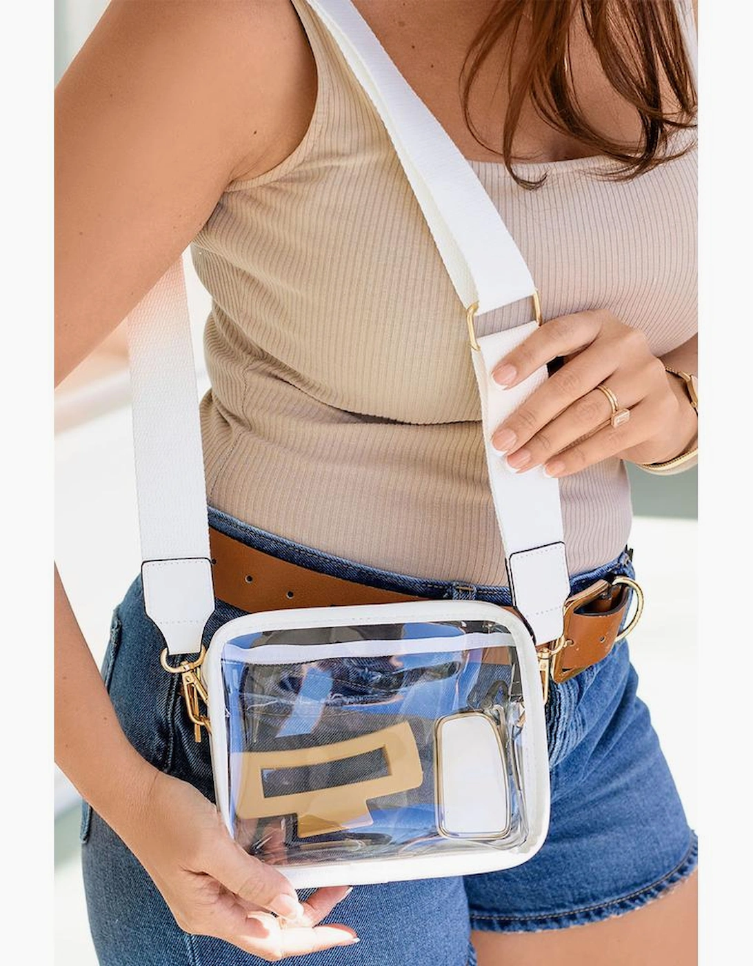White Clear PVC Leather Strap Crossbody Bag
