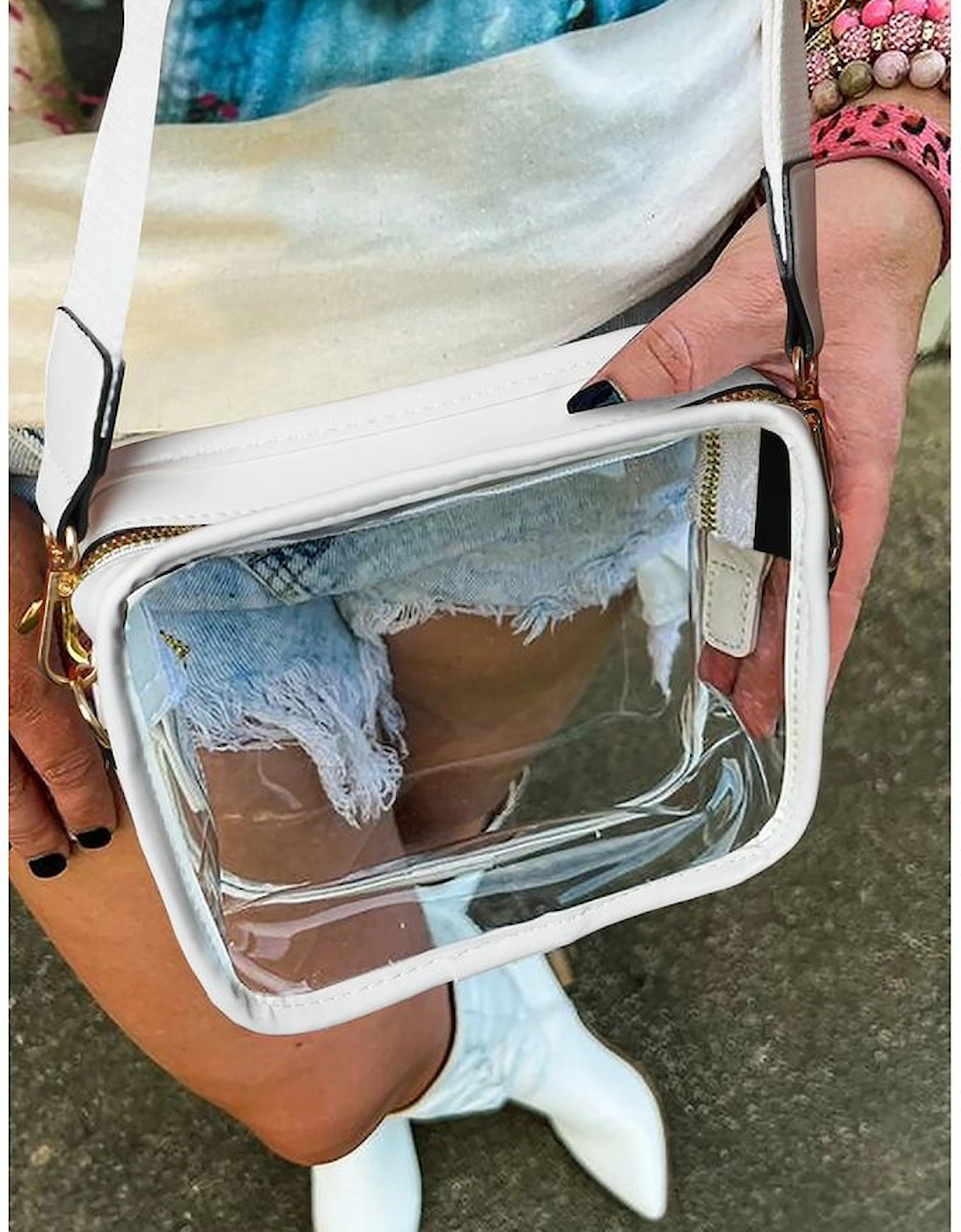 White Clear PVC Leather Strap Crossbody Bag