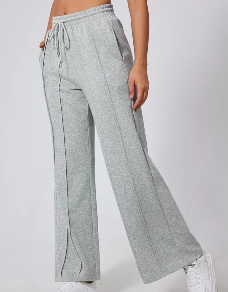 Gray Seamed Drawstring High Waist Wide Leg Sweatpants