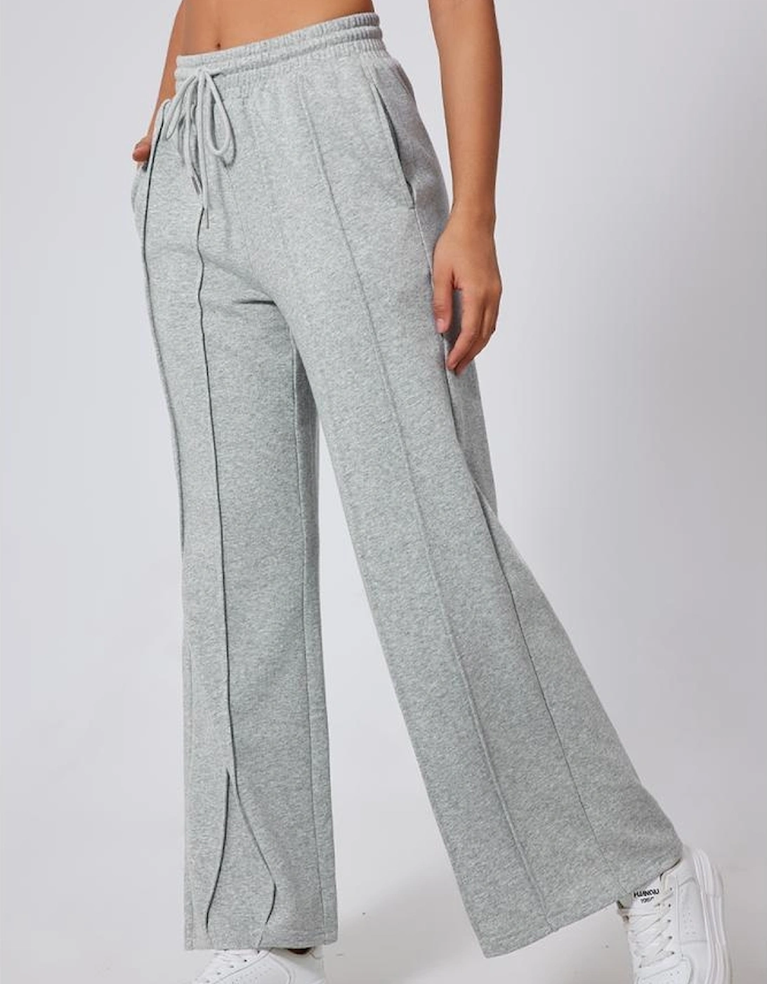 Gray Seamed Drawstring High Waist Wide Leg Sweatpants