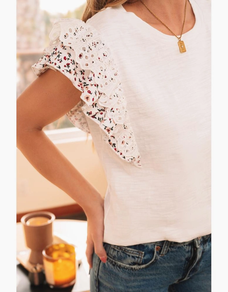 White Floral Lace Eyelet Patched Butterfly Sleeve Blouse
