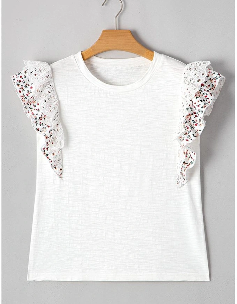 White Floral Lace Eyelet Patched Butterfly Sleeve Blouse