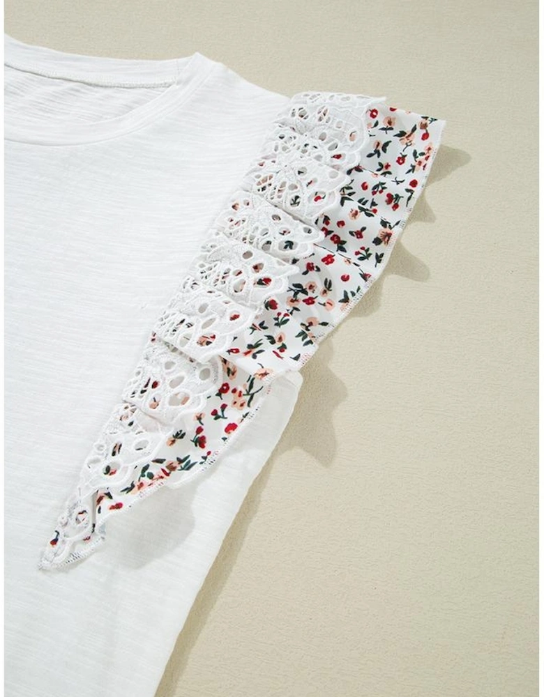 White Floral Lace Eyelet Patched Butterfly Sleeve Blouse