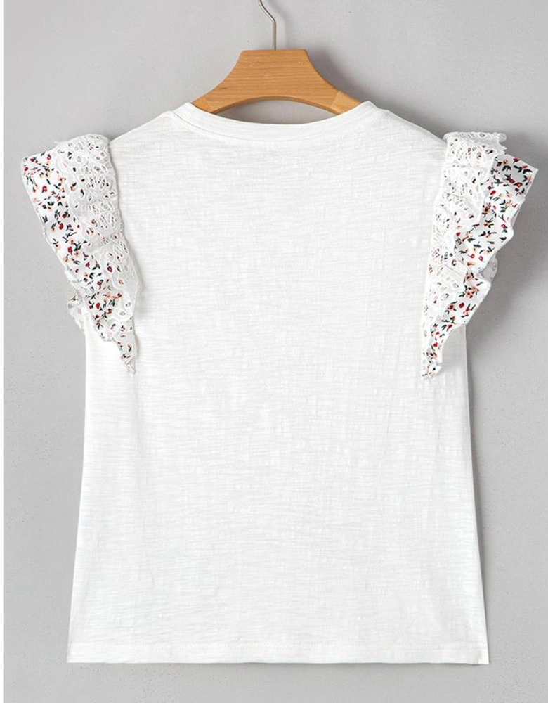 White Floral Lace Eyelet Patched Butterfly Sleeve Blouse