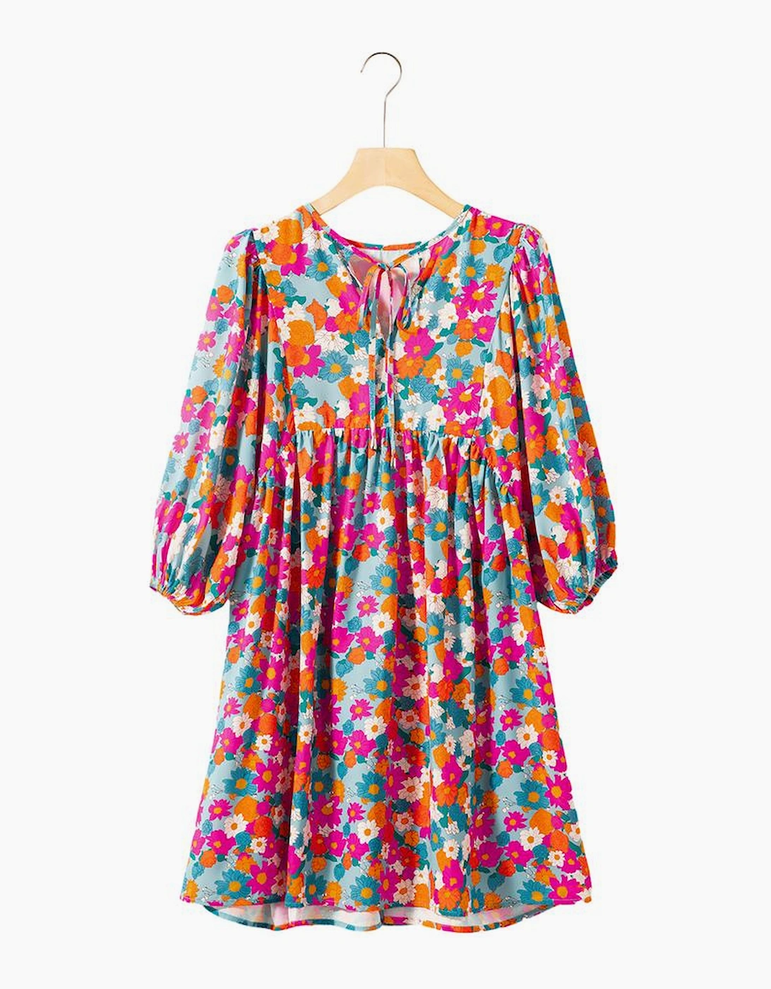 Sky Blue Floral Print Tie Split Neck Bubble Sleeve Babydoll Dress