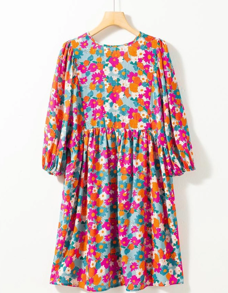 Sky Blue Floral Print Tie Split Neck Bubble Sleeve Babydoll Dress