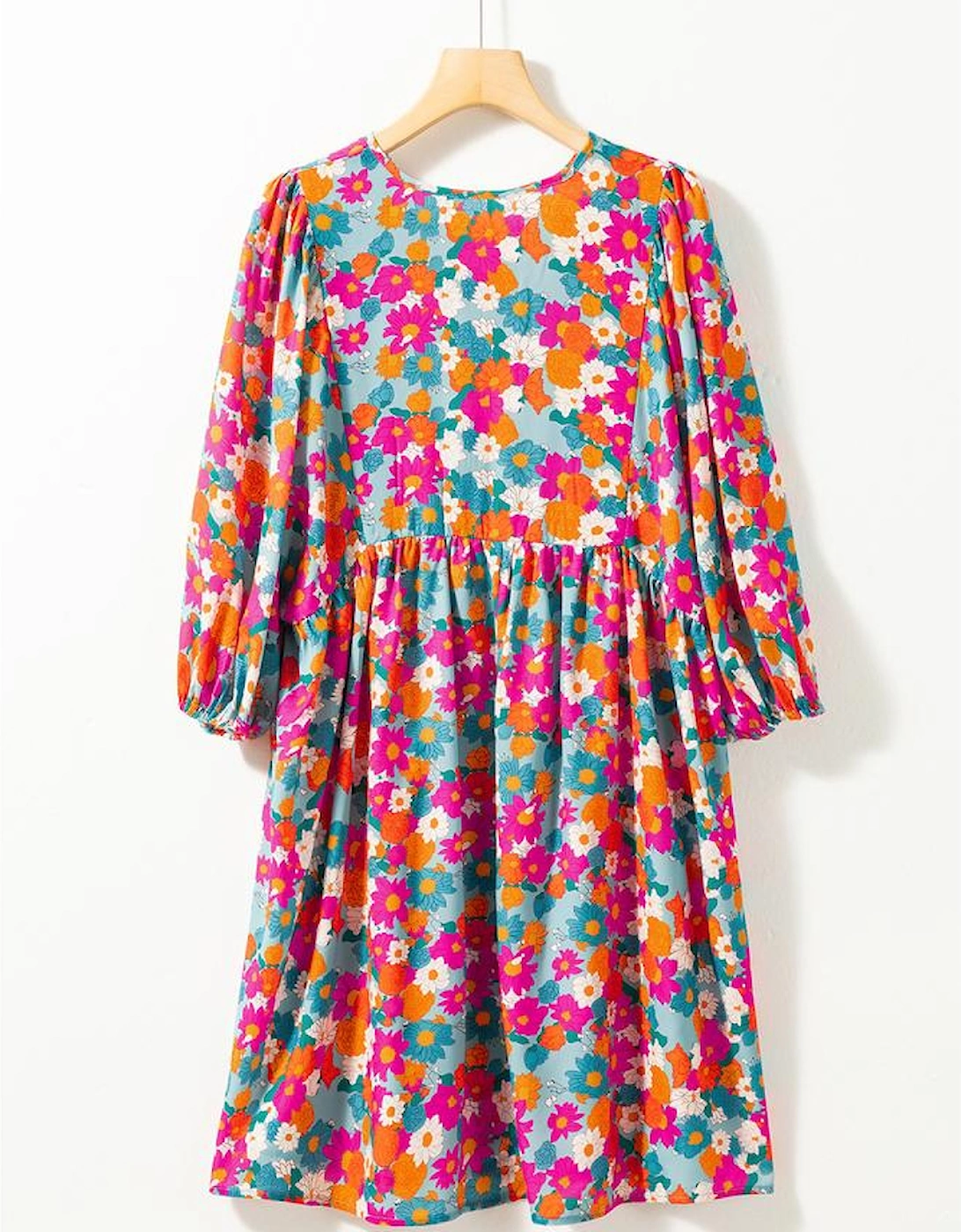 Sky Blue Floral Print Tie Split Neck Bubble Sleeve Babydoll Dress