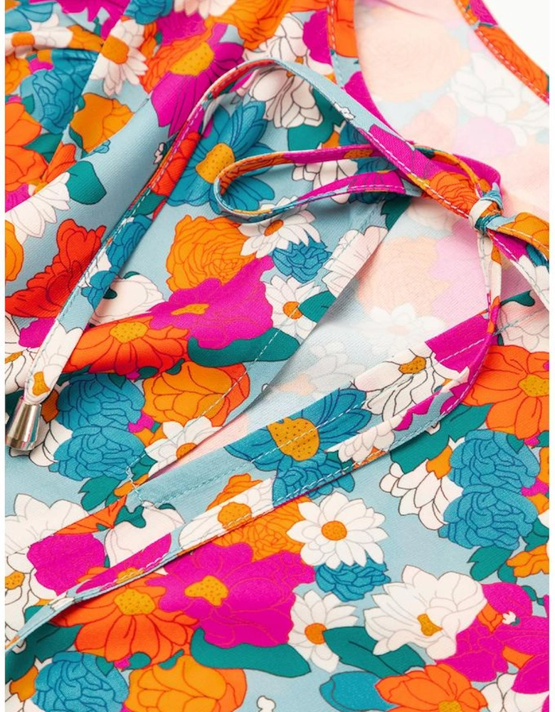 Sky Blue Floral Print Tie Split Neck Bubble Sleeve Babydoll Dress