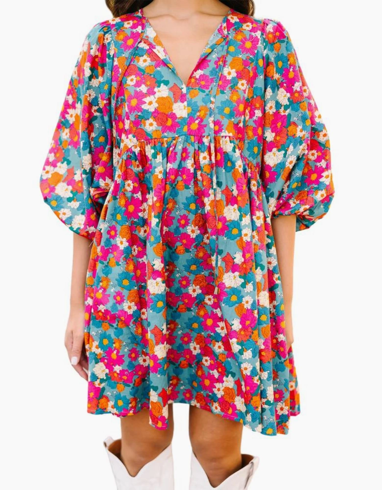 Sky Blue Floral Print Tie Split Neck Bubble Sleeve Babydoll Dress