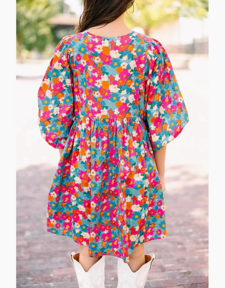 Sky Blue Floral Print Tie Split Neck Bubble Sleeve Babydoll Dress