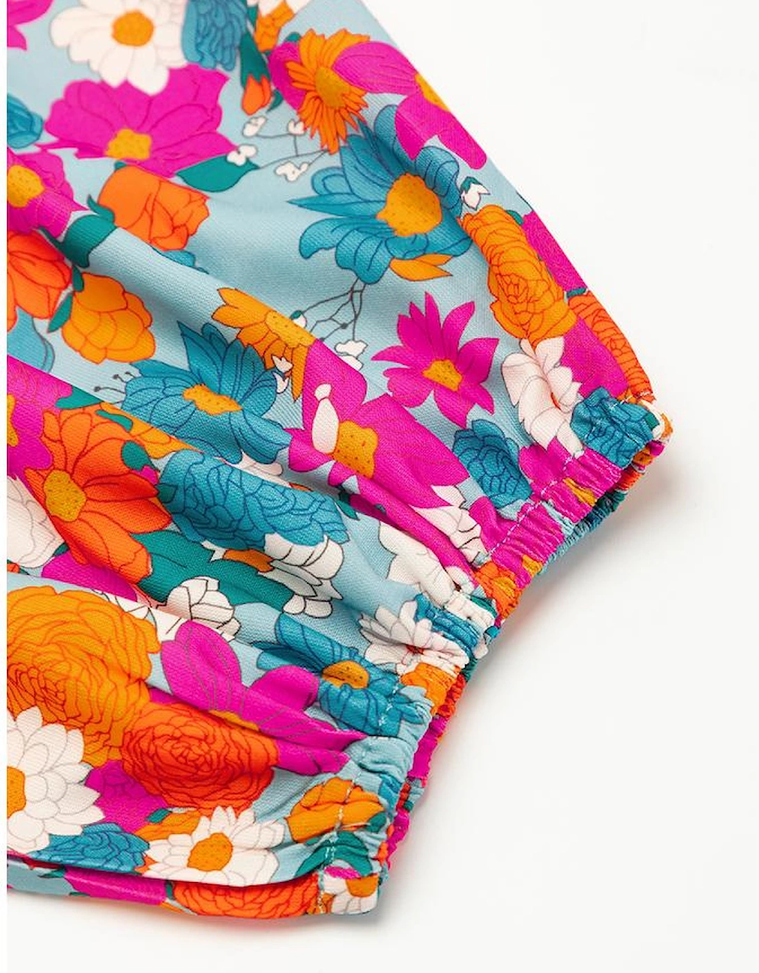 Sky Blue Floral Print Tie Split Neck Bubble Sleeve Babydoll Dress, 14 of 13