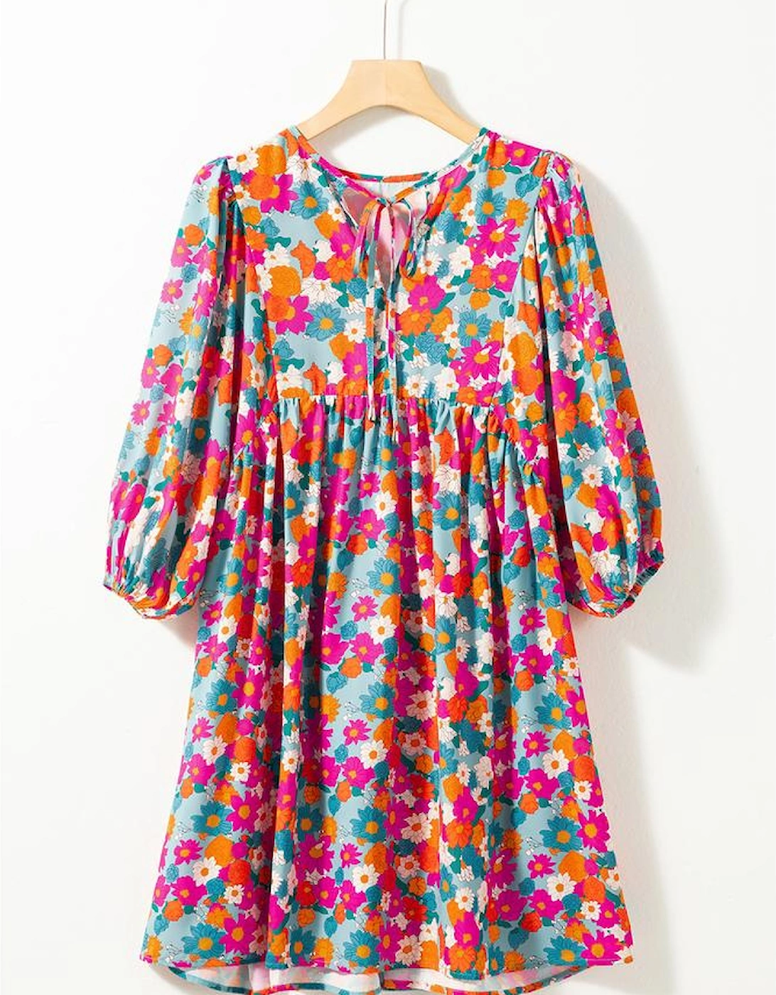 Sky Blue Floral Print Tie Split Neck Bubble Sleeve Babydoll Dress