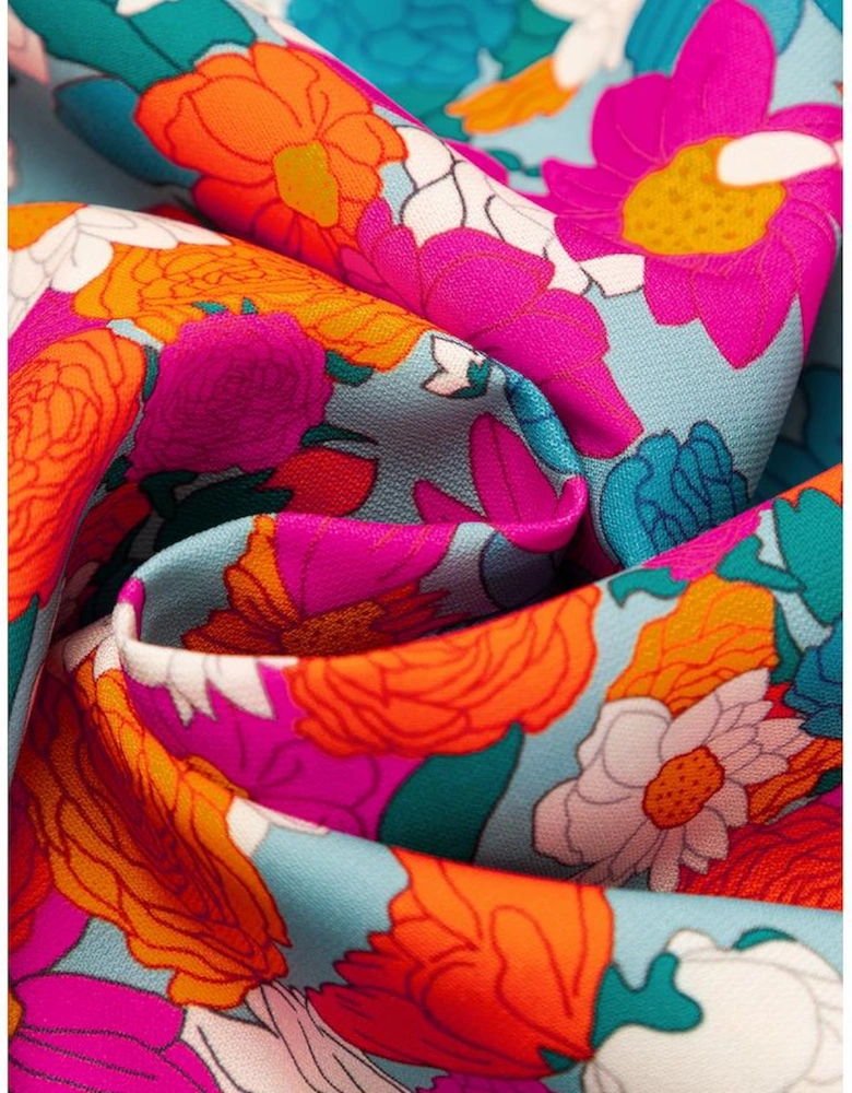 Sky Blue Floral Print Tie Split Neck Bubble Sleeve Babydoll Dress