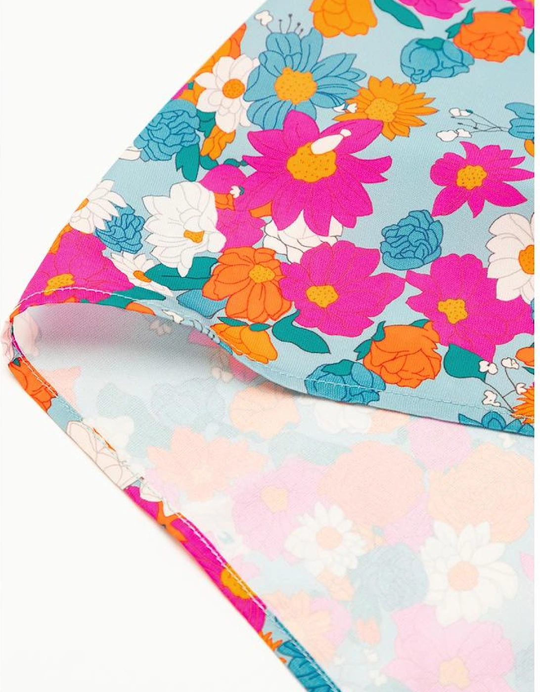 Sky Blue Floral Print Tie Split Neck Bubble Sleeve Babydoll Dress