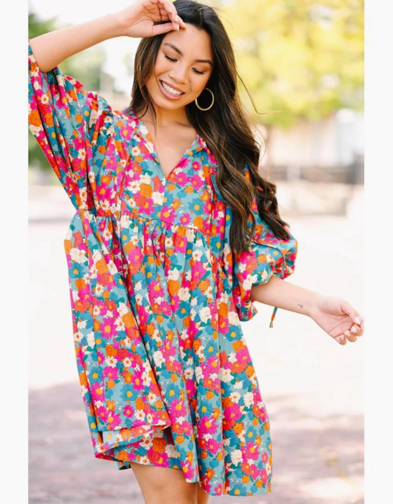 Sky Blue Floral Print Tie Split Neck Bubble Sleeve Babydoll Dress