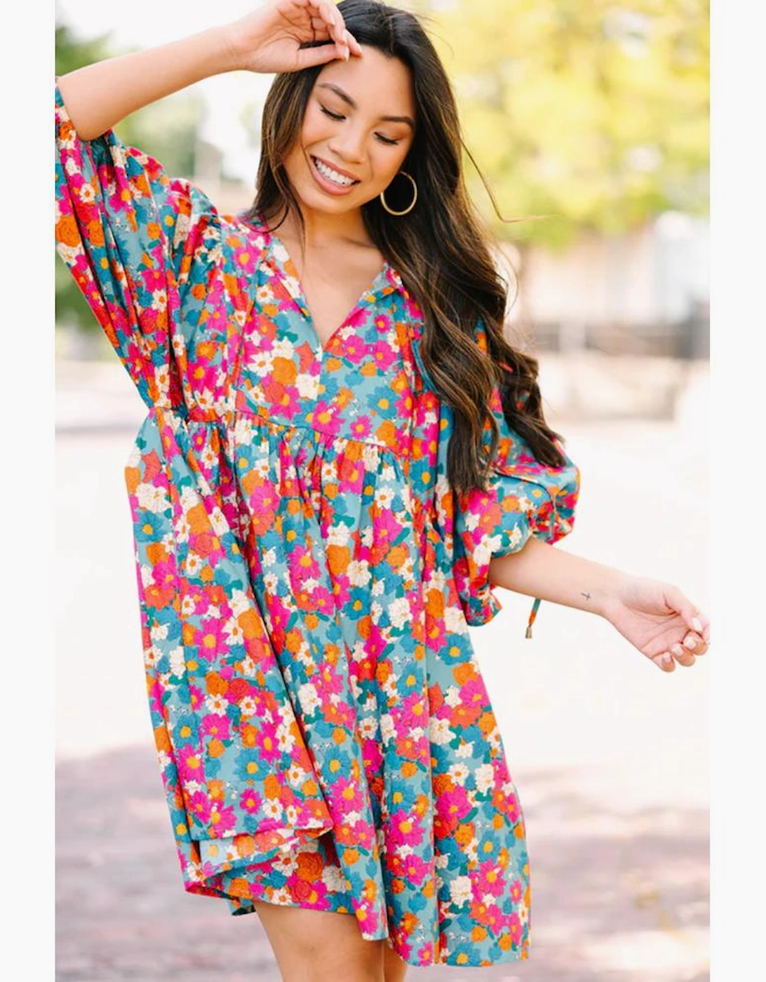 Sky Blue Floral Print Tie Split Neck Bubble Sleeve Babydoll Dress