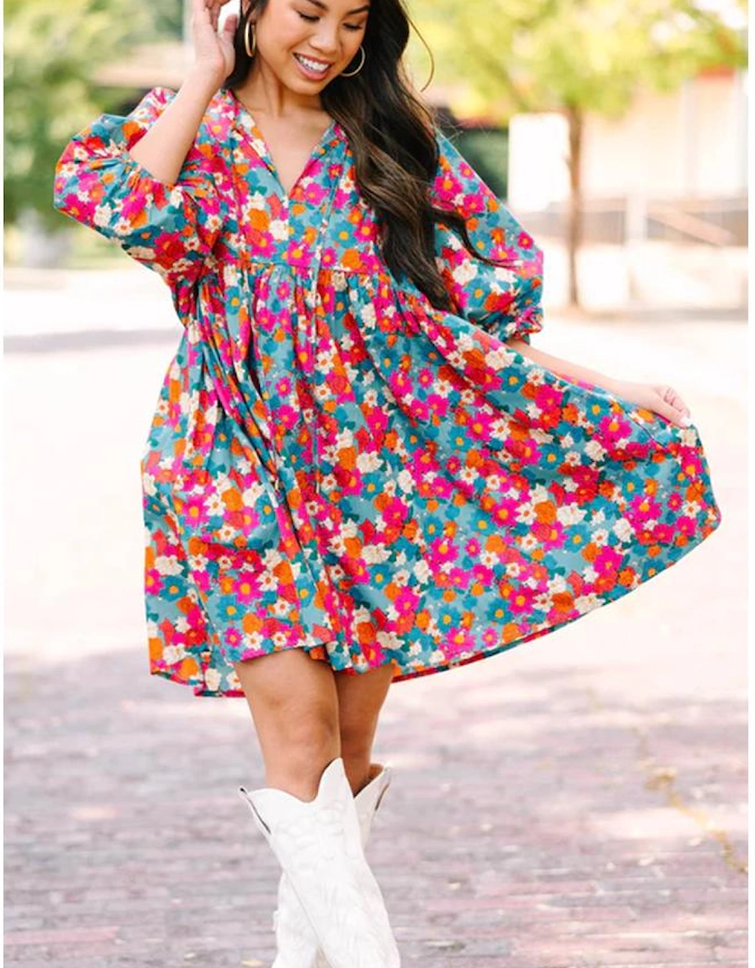 Sky Blue Floral Print Tie Split Neck Bubble Sleeve Babydoll Dress