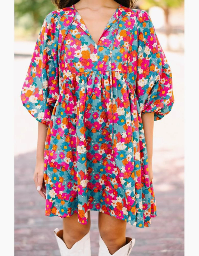 Sky Blue Floral Print Tie Split Neck Bubble Sleeve Babydoll Dress