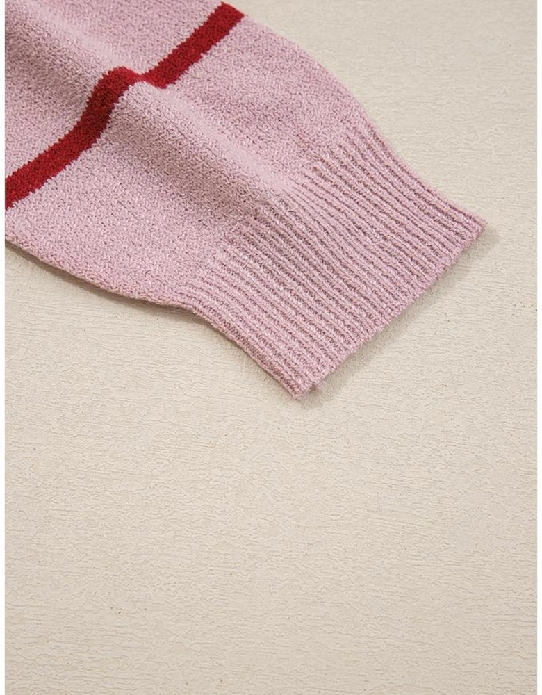 Pink Stripe Ribbed Edge Drop Shoulder Sweater