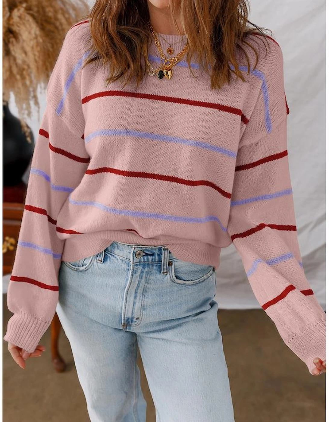 Pink Stripe Ribbed Edge Drop Shoulder Sweater