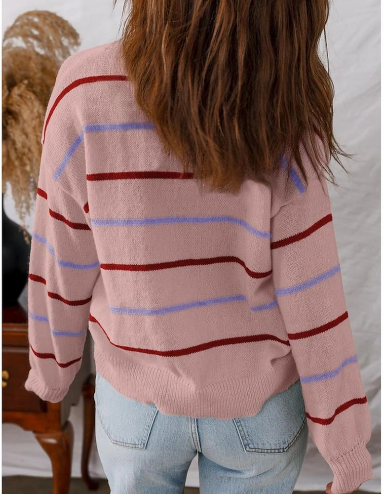 Pink Stripe Ribbed Edge Drop Shoulder Sweater