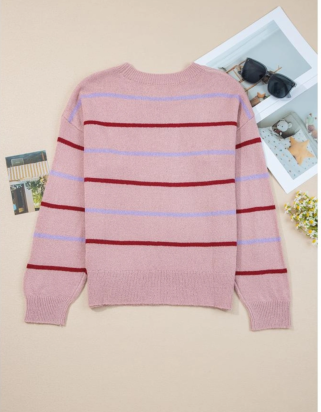 Pink Stripe Ribbed Edge Drop Shoulder Sweater