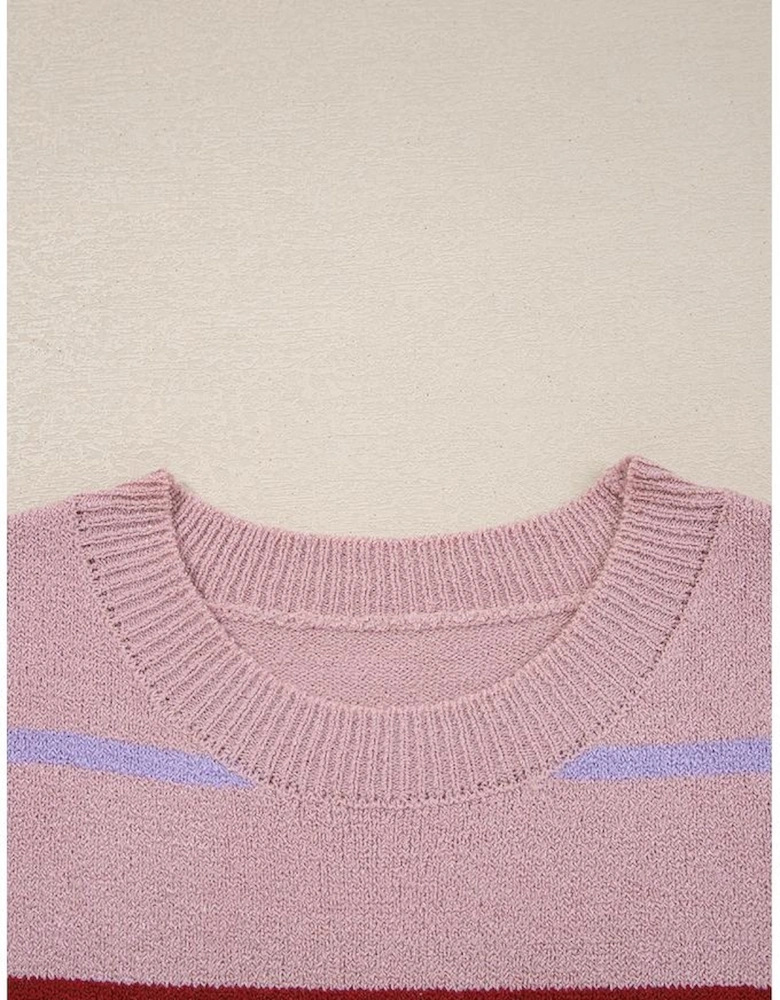 Pink Stripe Ribbed Edge Drop Shoulder Sweater