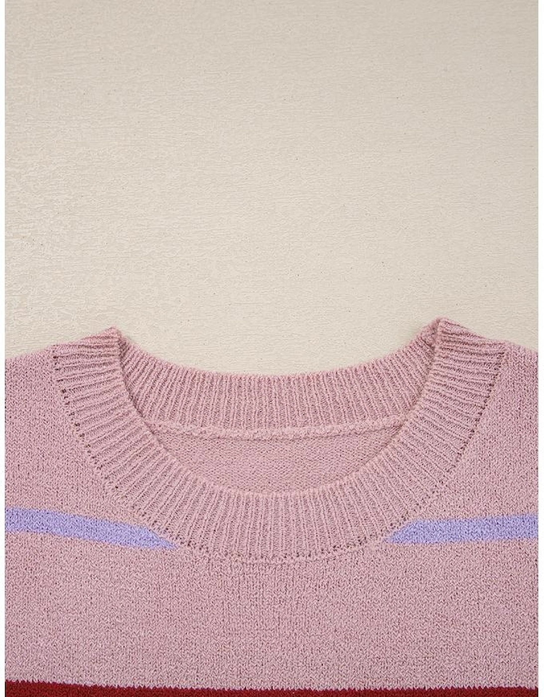 Pink Stripe Ribbed Edge Drop Shoulder Sweater