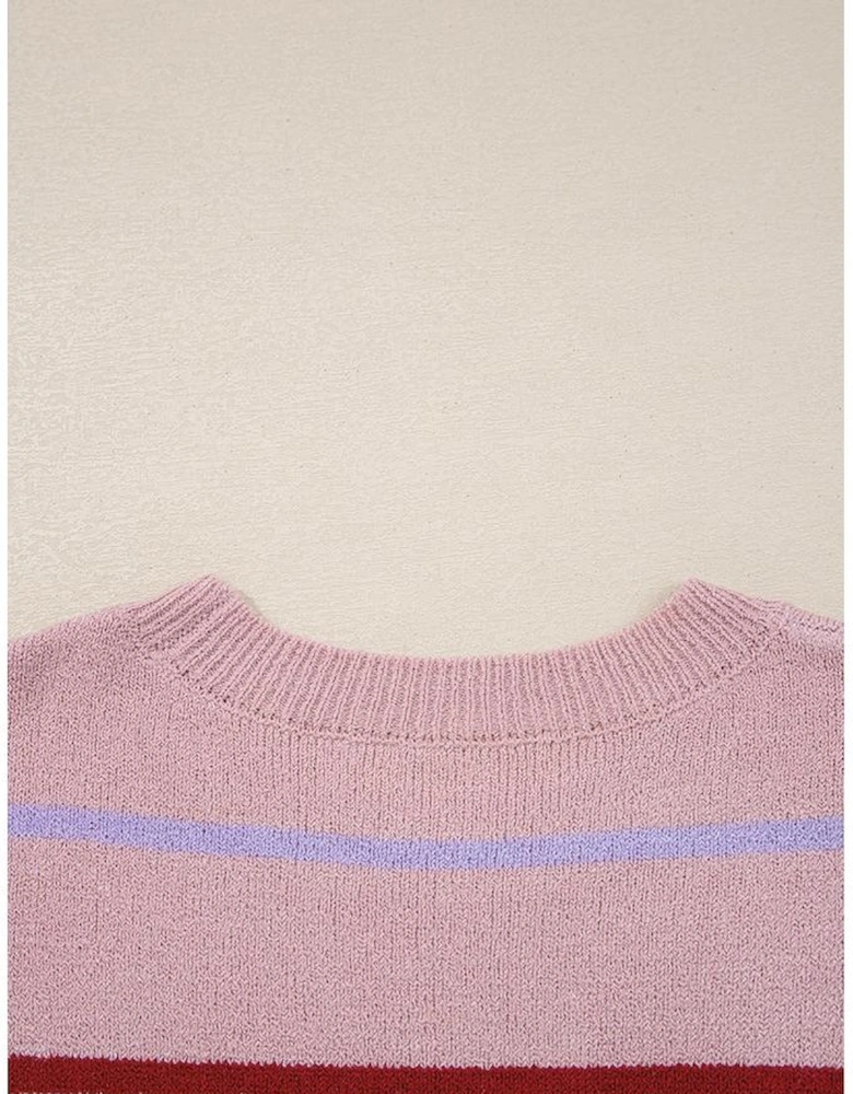 Pink Stripe Ribbed Edge Drop Shoulder Sweater