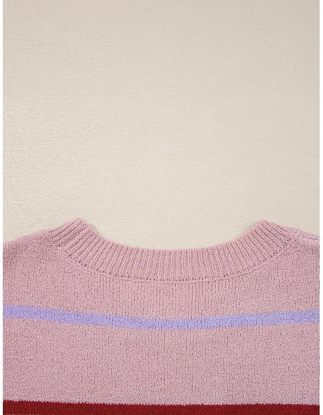 Pink Stripe Ribbed Edge Drop Shoulder Sweater