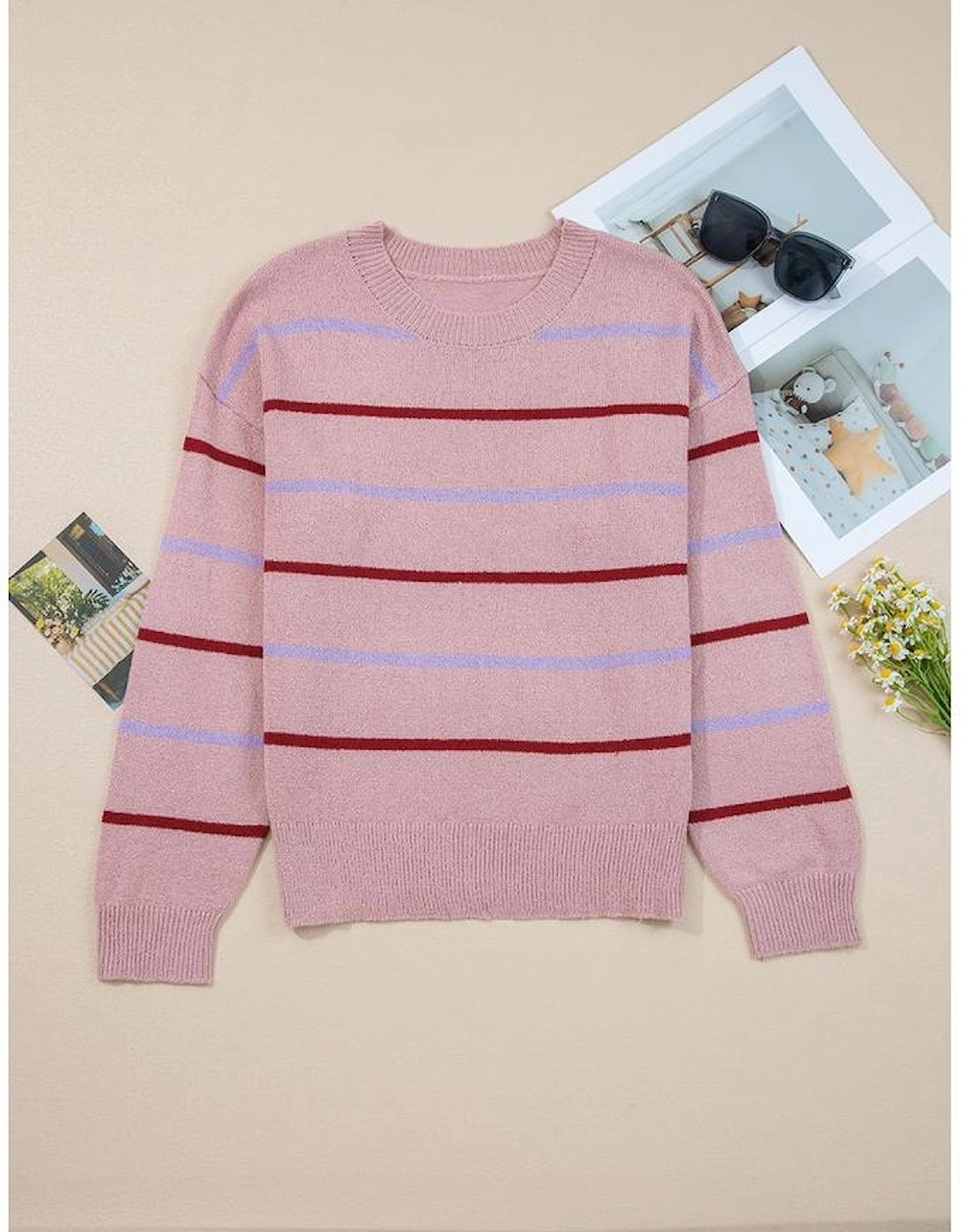 Pink Stripe Ribbed Edge Drop Shoulder Sweater