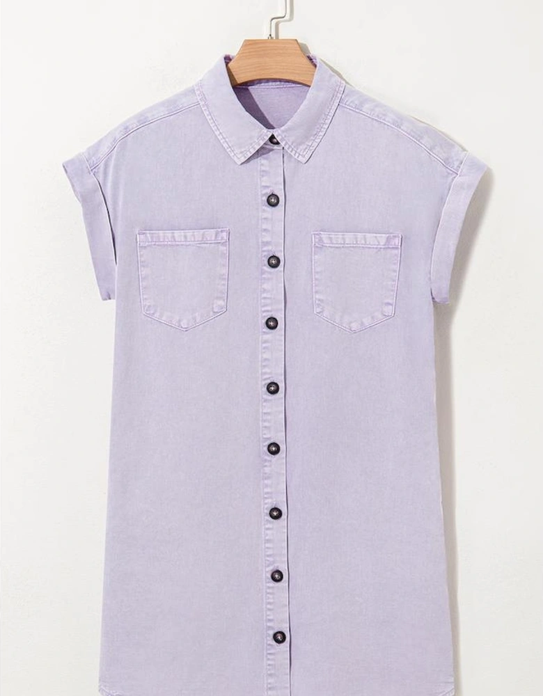 Orchid Petal Short Sleeve Double Chest Pocket Denim Shirt Dress