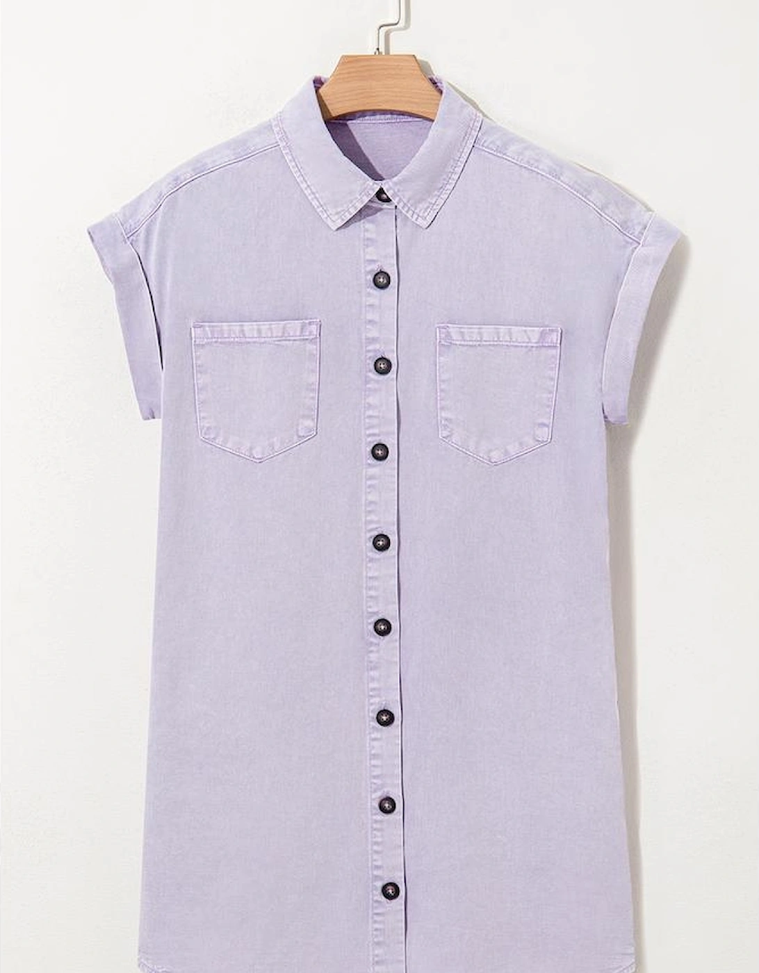 Orchid Petal Short Sleeve Double Chest Pocket Denim Shirt Dress