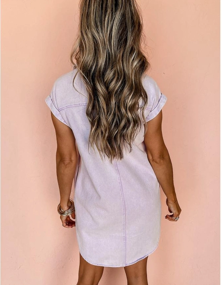 Orchid Petal Short Sleeve Double Chest Pocket Denim Shirt Dress