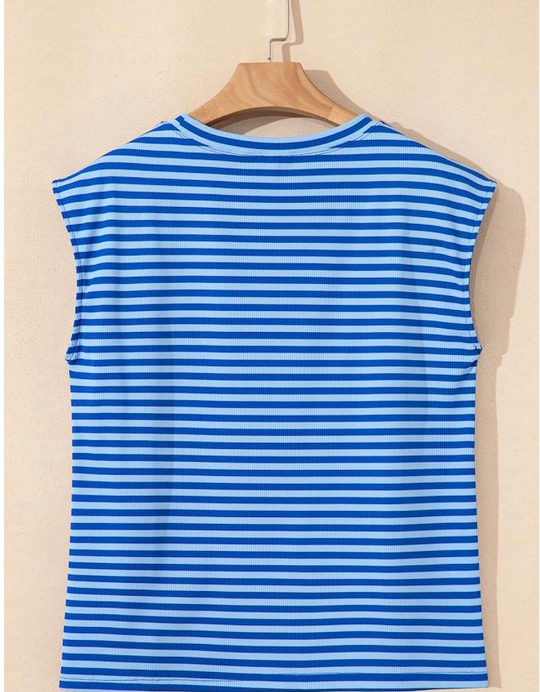 Sky Blue Stripe Ribbed Cap Sleeve Round Neck T Shirt