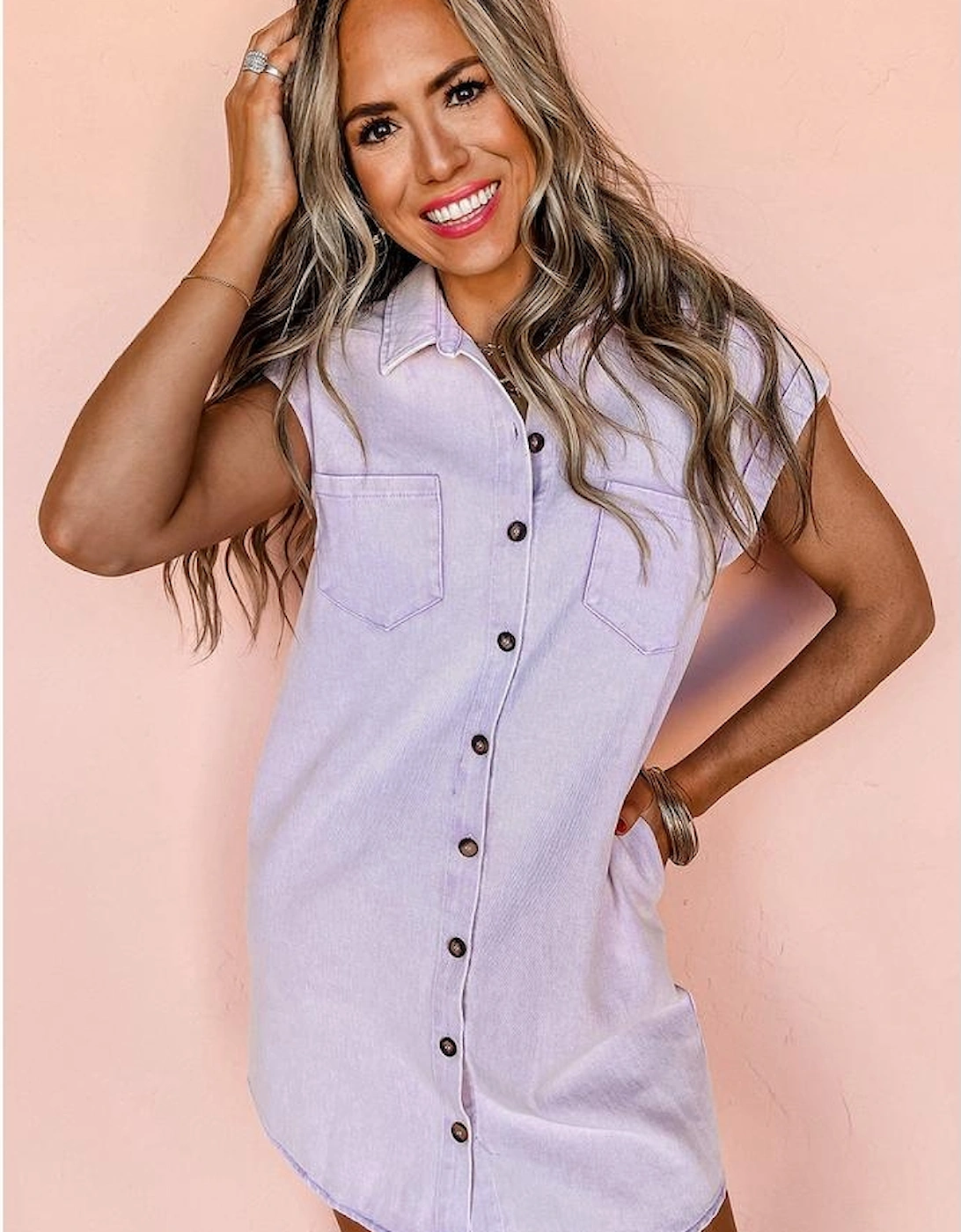 Orchid Petal Short Sleeve Double Chest Pocket Denim Shirt Dress
