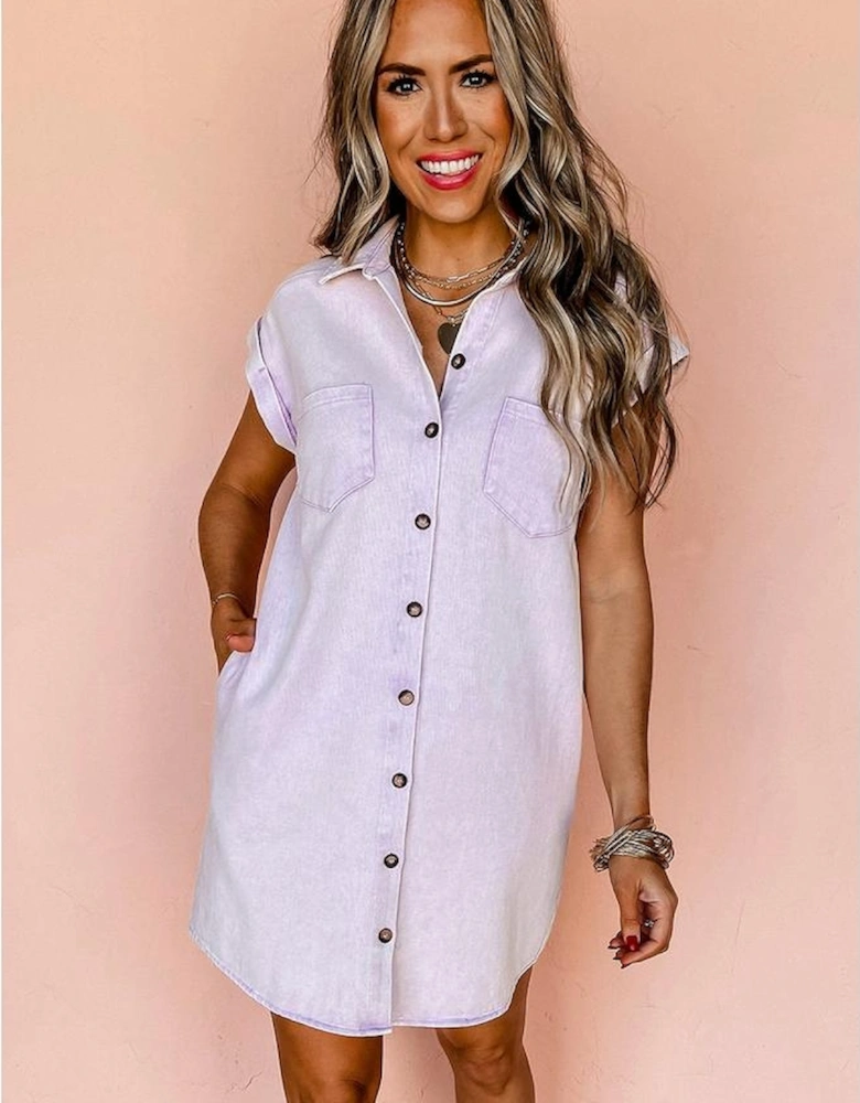 Orchid Petal Short Sleeve Double Chest Pocket Denim Shirt Dress