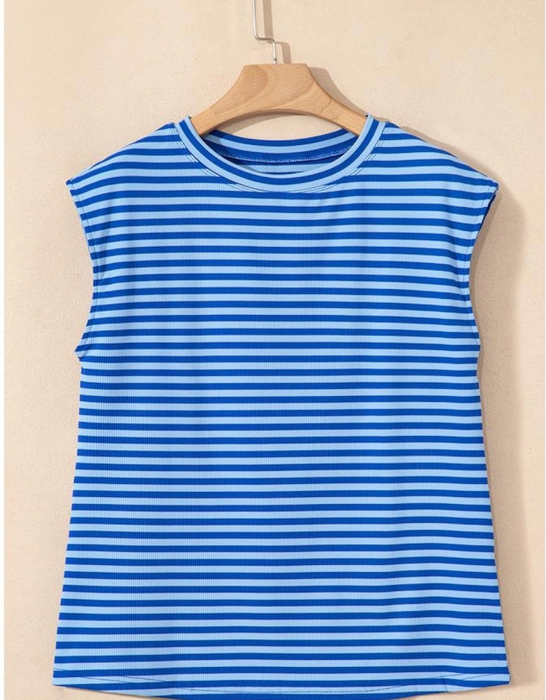 Sky Blue Stripe Ribbed Cap Sleeve Round Neck T Shirt
