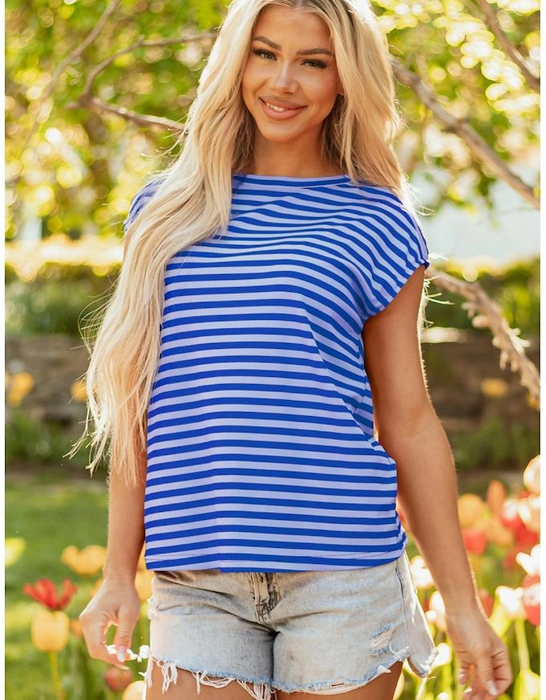 Sky Blue Stripe Ribbed Cap Sleeve Round Neck T Shirt