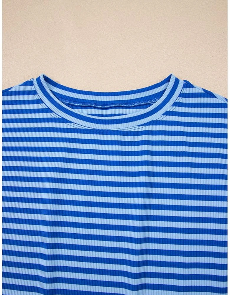 Sky Blue Stripe Ribbed Cap Sleeve Round Neck T Shirt
