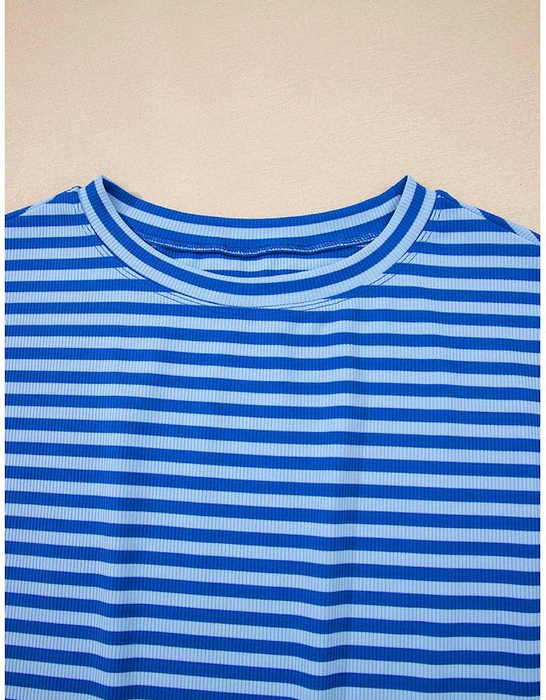 Sky Blue Stripe Ribbed Cap Sleeve Round Neck T Shirt
